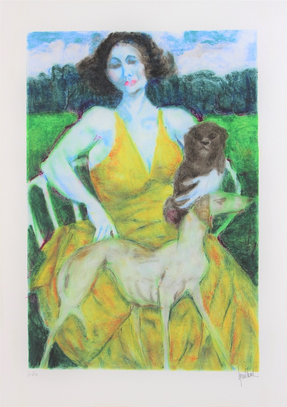 "Donna con Levriero" litografia cm. 70x50